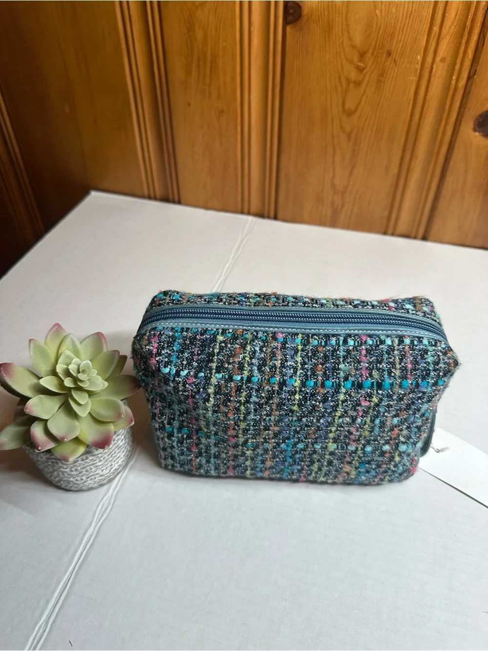 Aqua Blue Multi Tweed Cosmetic Bag